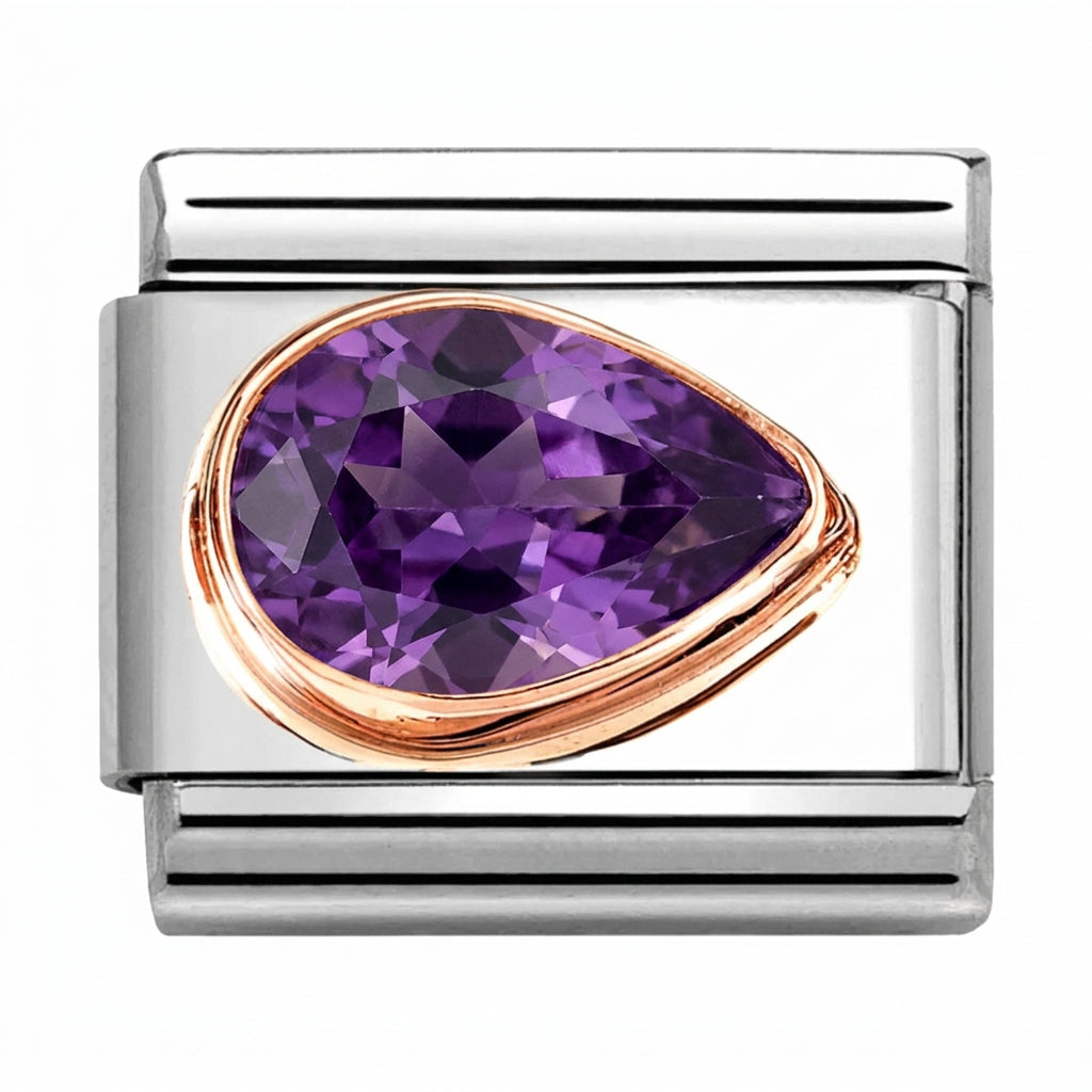 Jewelry charm with purple gemstone and rose gold accents on a white background
