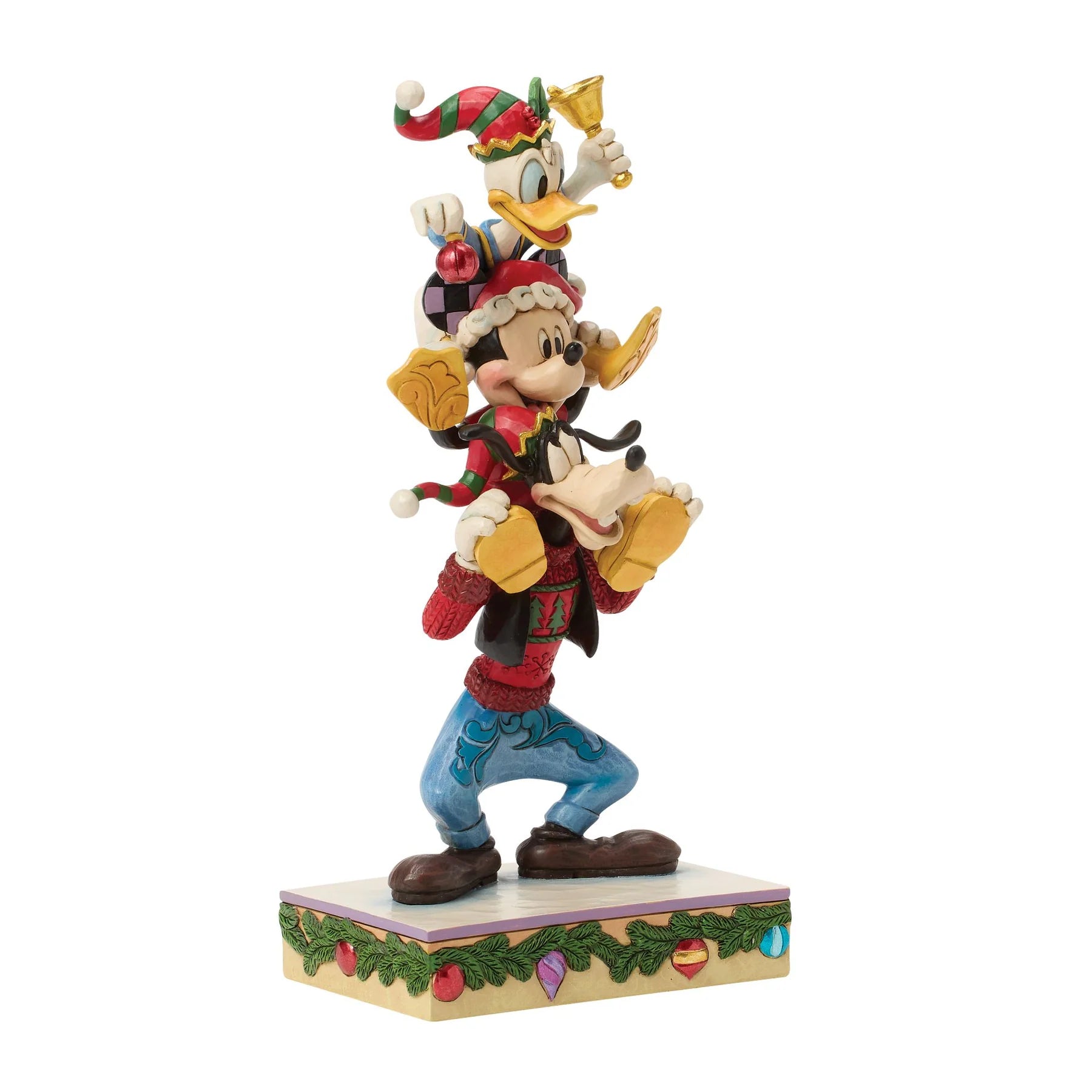 Animated Donald Duck, Mickey Mouse & Goofy character figurine with festive attire on a white background
