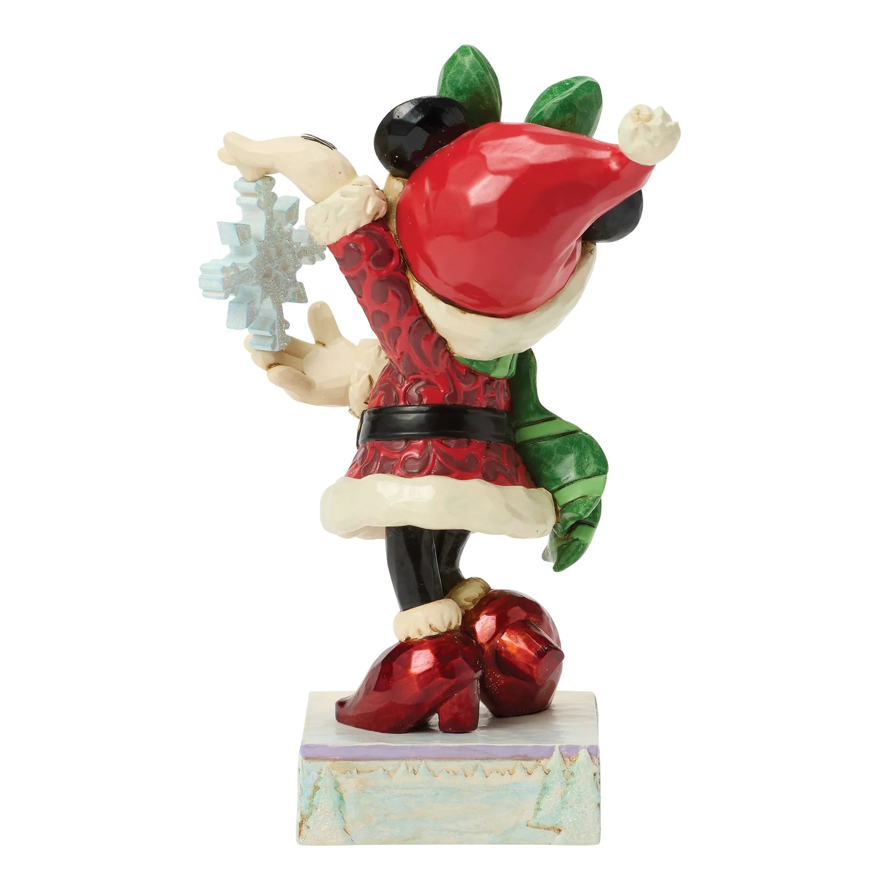 Minnie Mouse Christmas elf figurine with red hat and boots on a white background