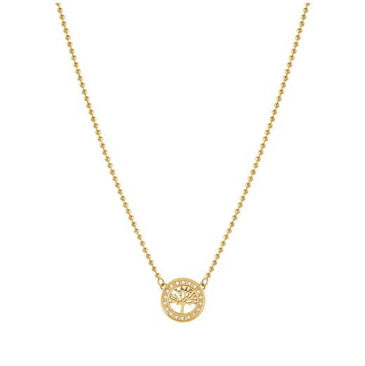 Gold necklace with a tree of life pendant on a white background