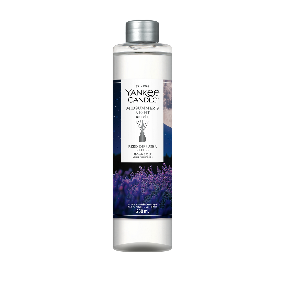 A 250 mL clear bottle of Yankee Candle reed diffuser refill with a silver cap, featuring a label with a lavender field design and the Yankee Candle logo.