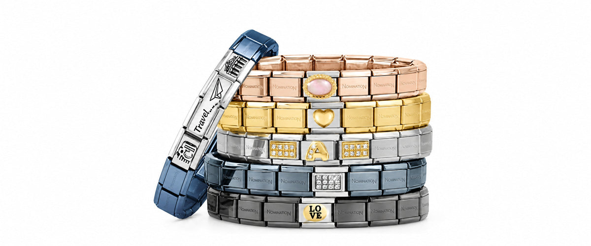 Nomination Italy Composable charm Bracelet in Blue, Rose Gold, Gold, Silver and black in various decorated symbols.