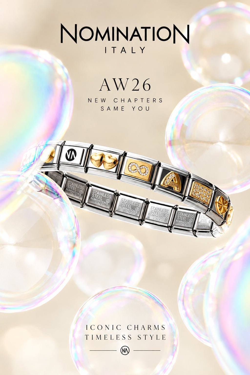 A Nomination Italy  charm bracelet with silver and gold links, featuring various engraved and symbol charms, displayed against a soft beige background with floating iridescent soap bubbles.
