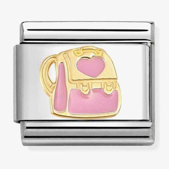 Nomination Italy classic 18k gold and stainless steel charm decpicting a backpack with heart in pink enamel