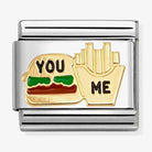 Nomination Italy Classic 18k gold and stainless steel charm depicting a burger and fries with the wording you and me in black enamel