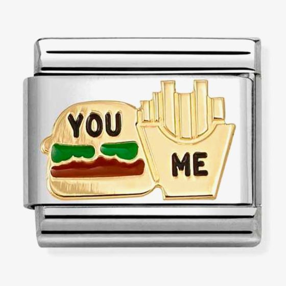 Nomination Italy Classic 18k gold and stainless steel charm depicting a burger and fries with the wording you and me in black enamel
