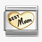 Nomination Italy Classic composable charm in 18k gold and stainless steel depicting a raised heart with wording best mum in black enamel