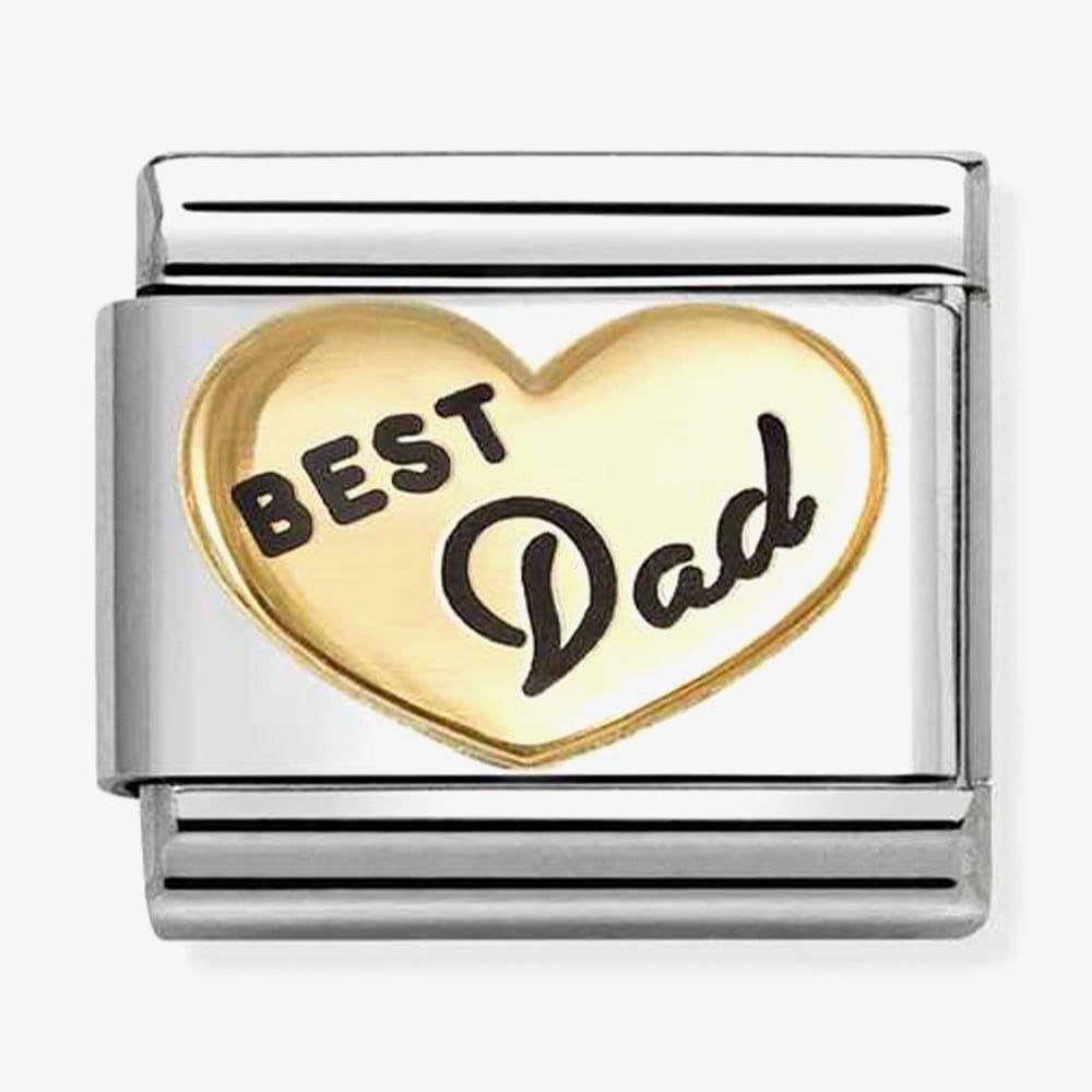 Nomination Italy classic 18k gold and stainless steel charm with the word best dad in black enamel on a raised heart