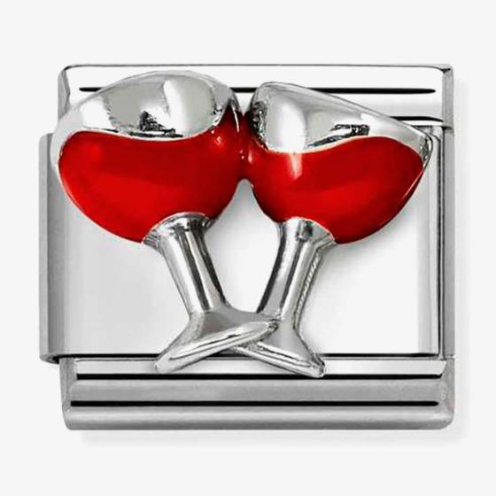 Nomination Italy Classic sterling silver and stainless steel charm featuring 2 red wine glasses with red enamel detailing