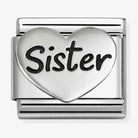 Nomination Italy Classic charm is sterling silver and stainless steel featuring a raised heart with the word sister in black enamel