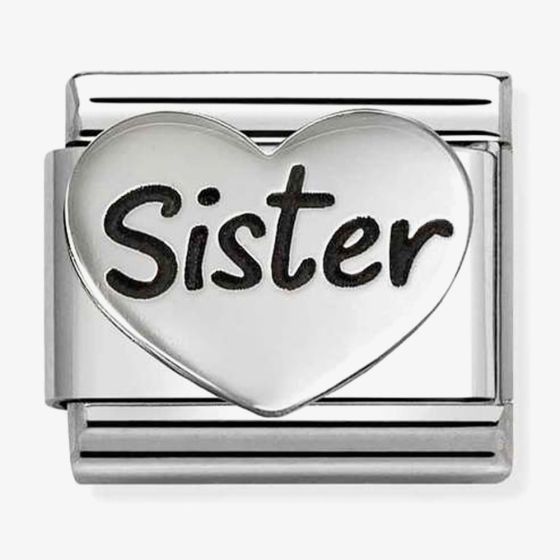 Nomination Italy Classic charm is sterling silver and stainless steel featuring a raised heart with the word sister in black enamel