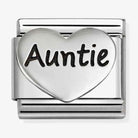 Nomination Italy Classic charm in sterling silver and stainless steel with a raised silver heart with the word auntie in black enamel