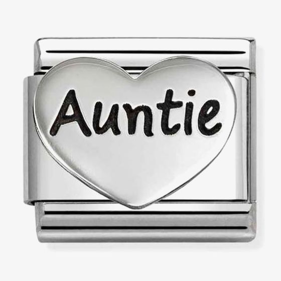 Nomination Italy Classic charm in sterling silver and stainless steel with a raised silver heart with the word auntie in black enamel