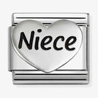 Nomination Italy Classic sterling silver an stainless steel raised heart charm with the word niece in black enamel