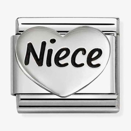 Nomination Italy Classic sterling silver an stainless steel raised heart charm with the word niece in black enamel