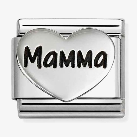 Nomination Italy Classic sterling silver and stainless steel  heart charrm with the word Mamma in black enamel