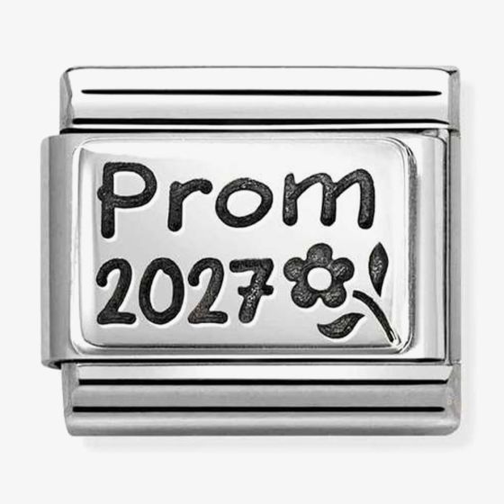 Nomination Italy Classic Composable charm in sterling silver and stainless steel with the wording prom 2027 and a flower in black enamel