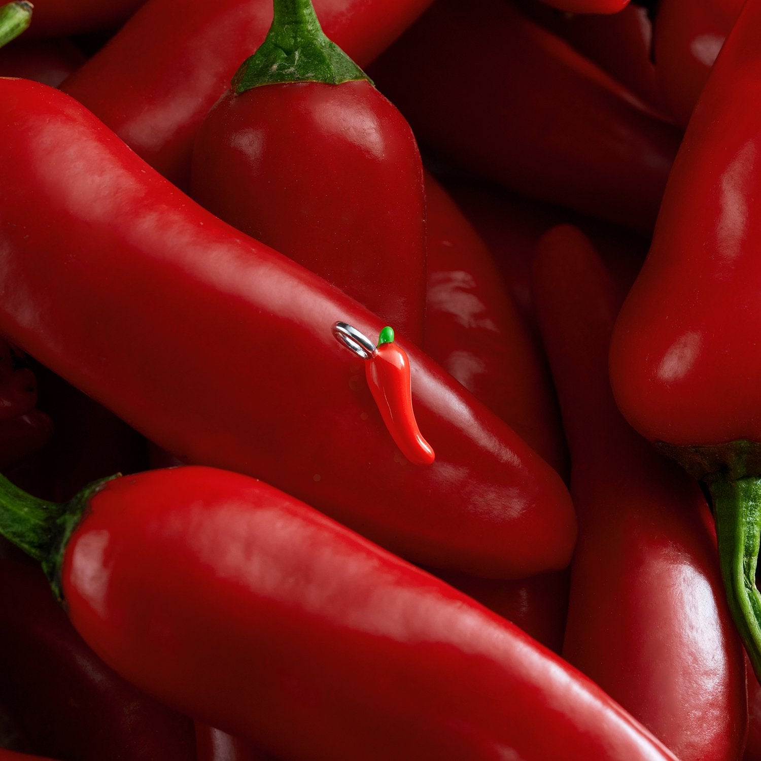 Close-up of red chili peppers with a small red chili pepper charm. which features on the Spice of life joma bracelet.