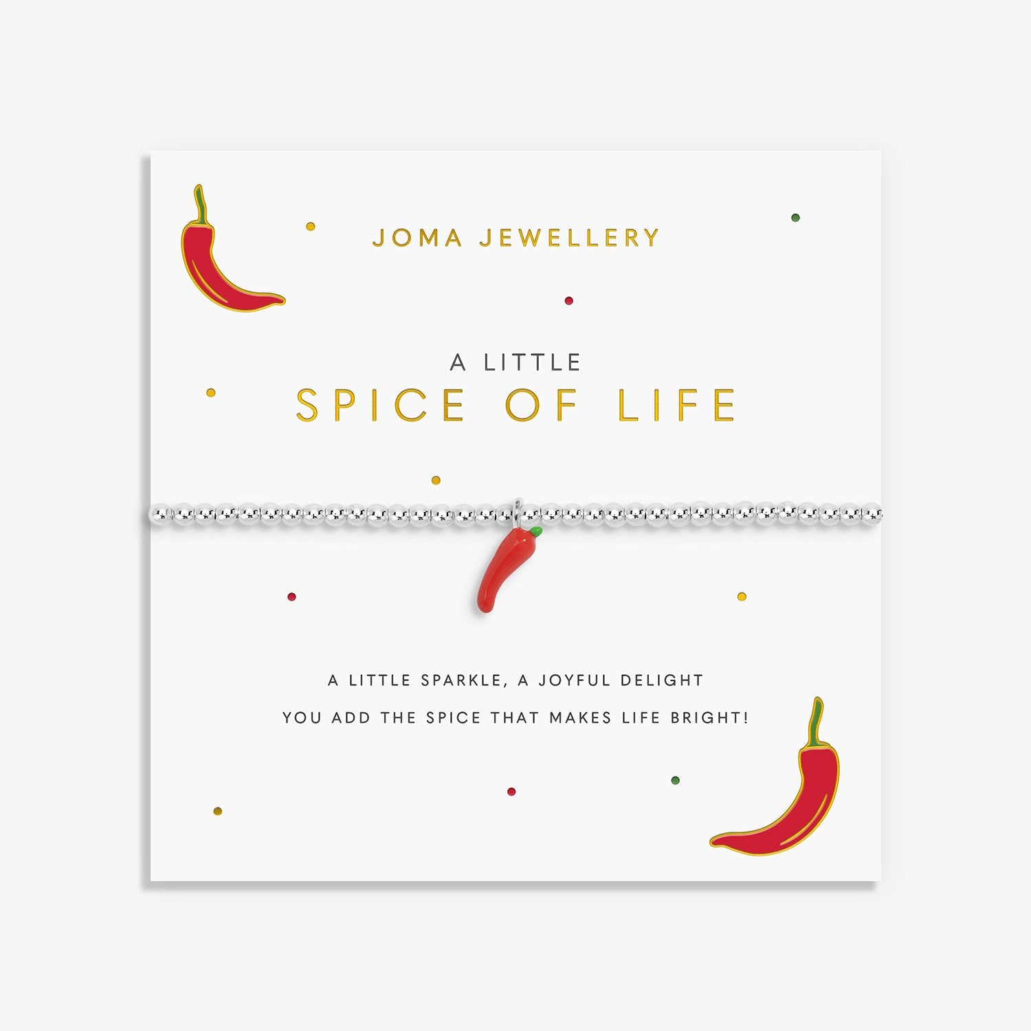 Joma Jewellery packaging with red chili peppers and text on a white background