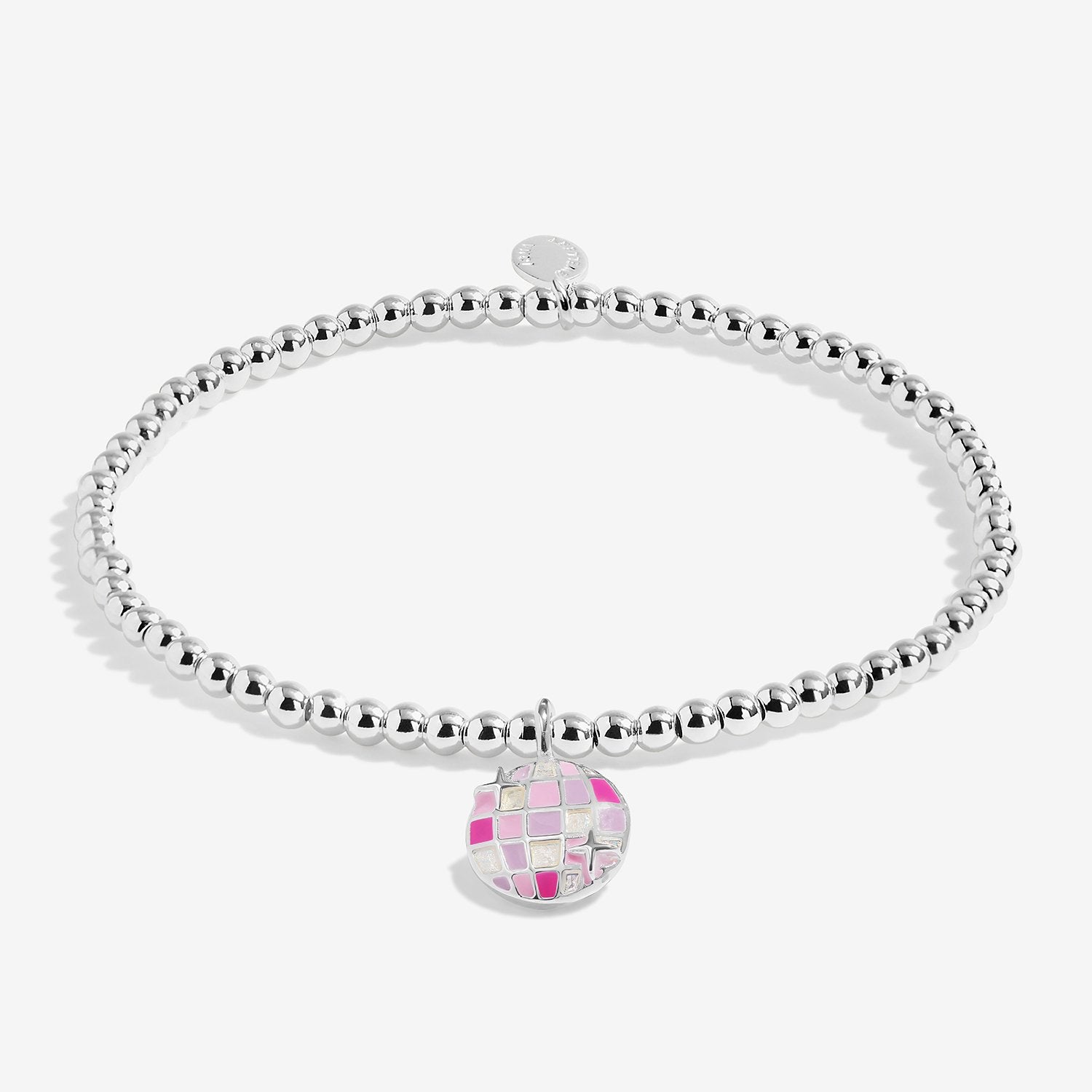 Silver bracelet with a pink and white checkered charm on a white background