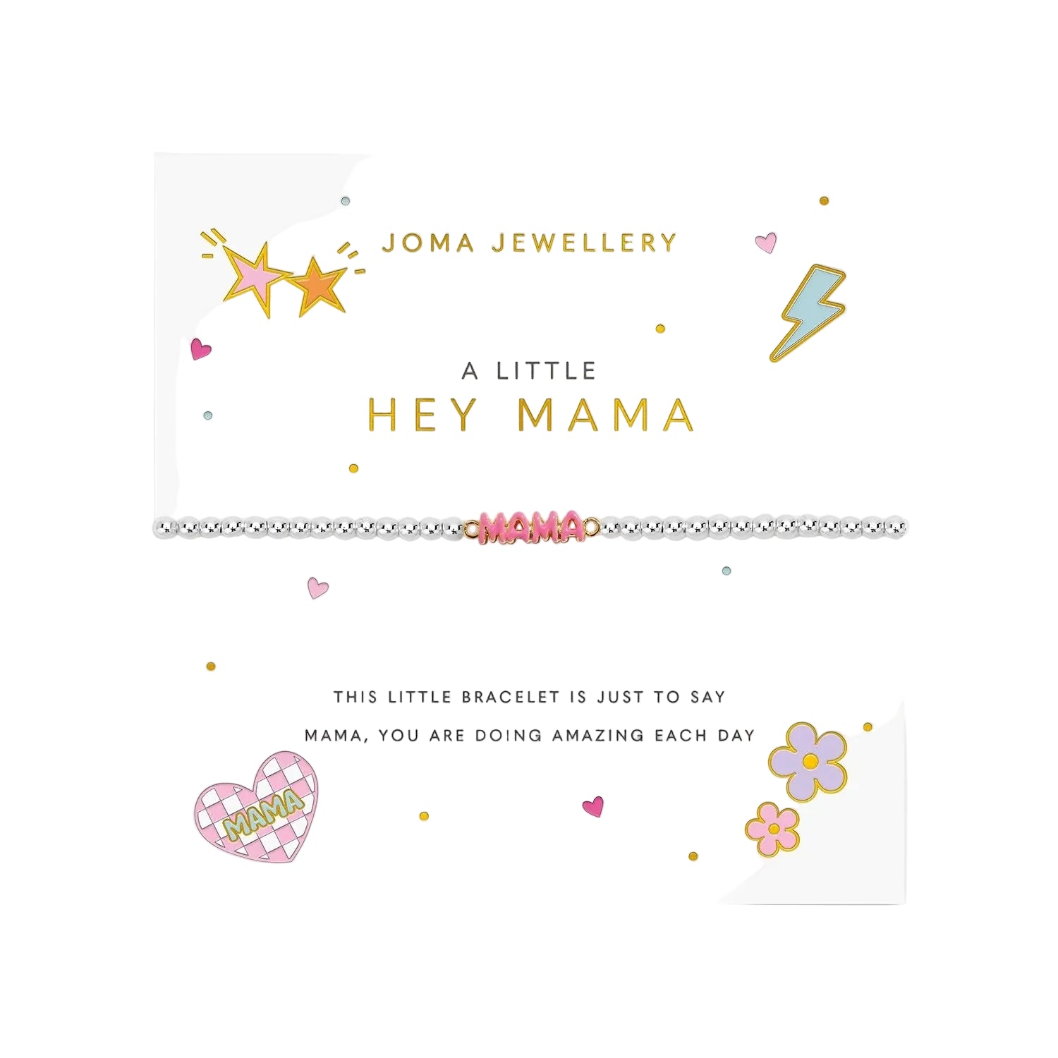 A Joma Jewellery 'A Little Hey Mama' bracelet displayed on its white gift card. The bracelet features pink and white woven cord with a silver-toned beaded center.