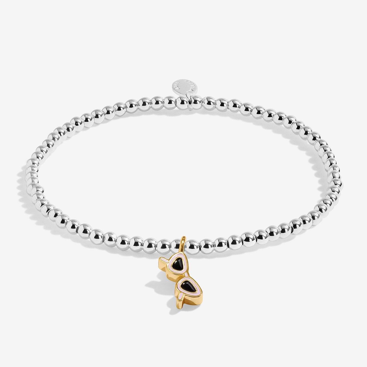 Joma Jewellery Silver beaded bracelet with a gold and black sunglasses pendant on a white background