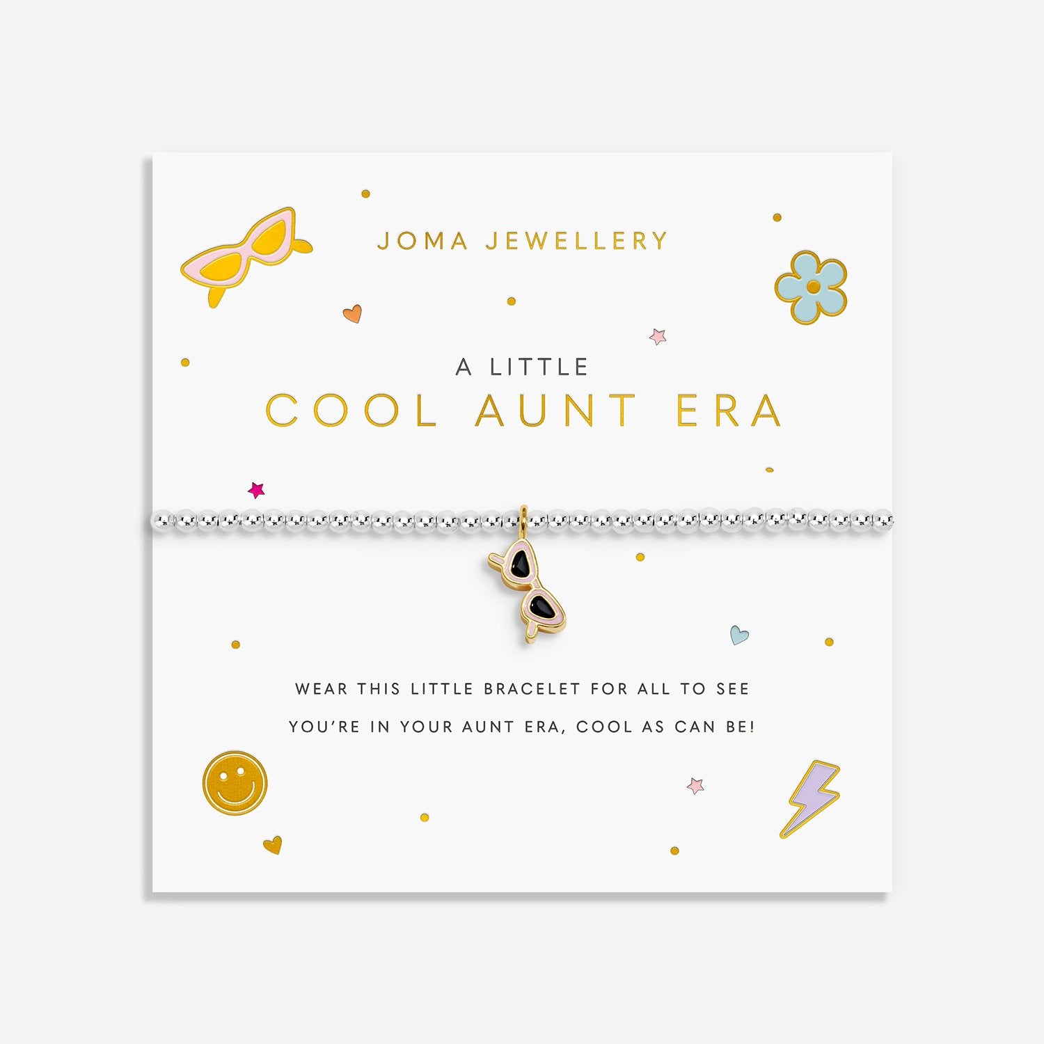 Joma Jewellery  Beaded Bracelet showing  Black & Gold sunglasses charm  on a white card that reads A little Cool Aunt Era