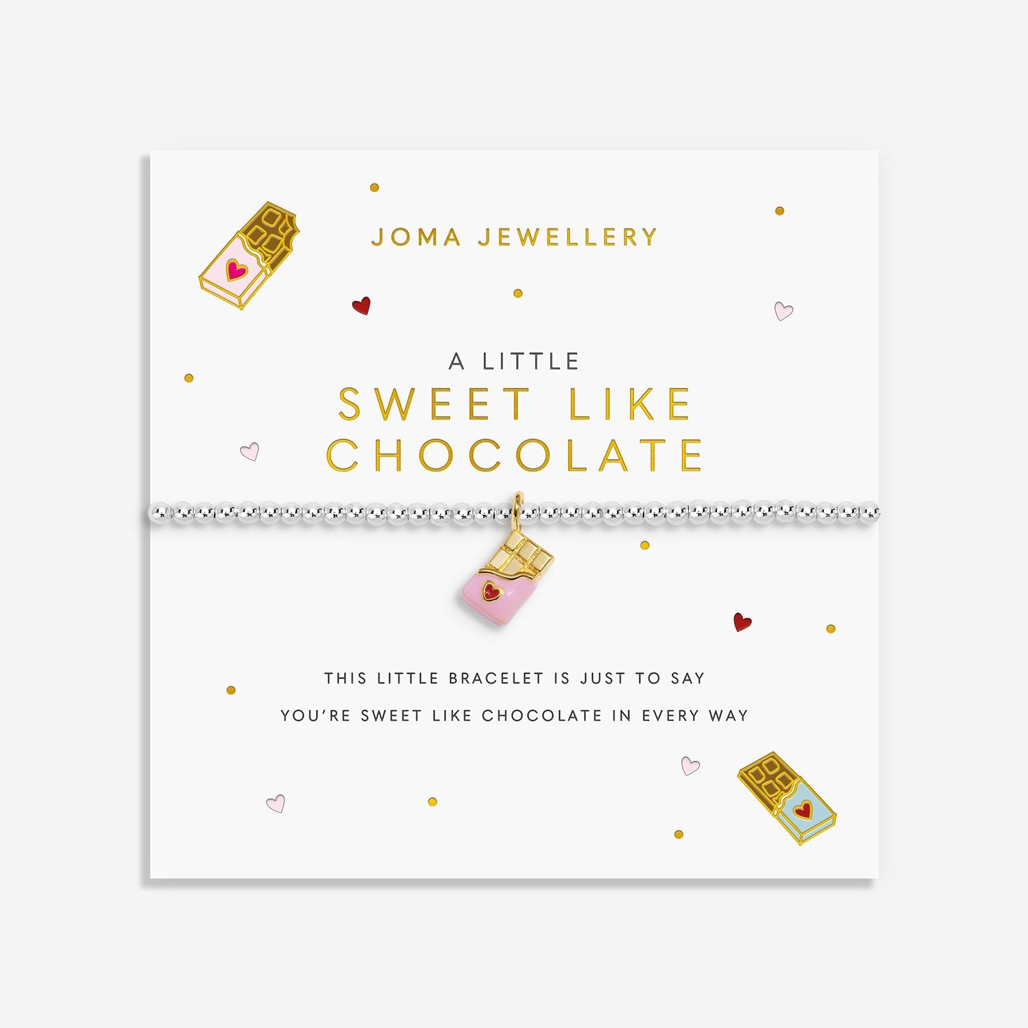 A Joma Jewellery 'A Little Sweet Like Chocolate' bracelet displayed on its white gift card. The bracelet features a silver-toned beaded chain with a pink and red heart on a chocolate bar charm.