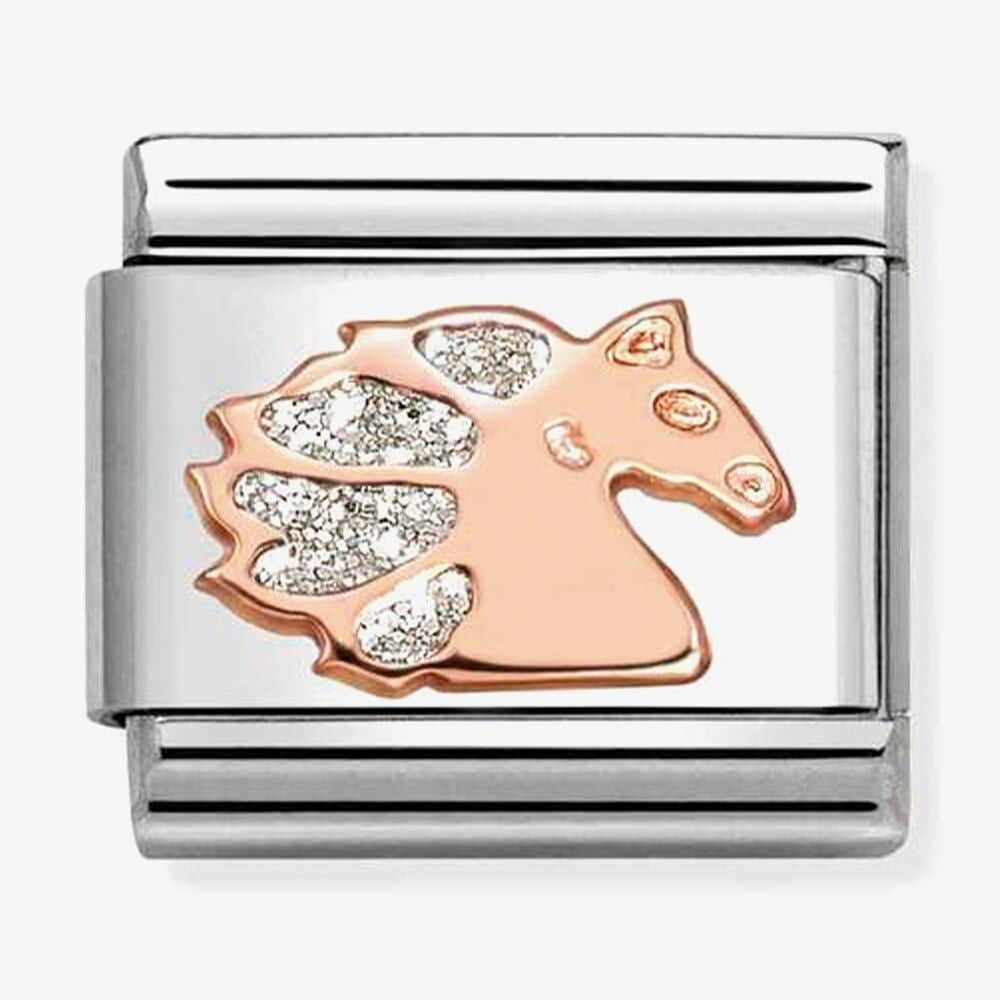 Nomination Italy classic charm in rose gold and enamelled glitter showing a unicorn 