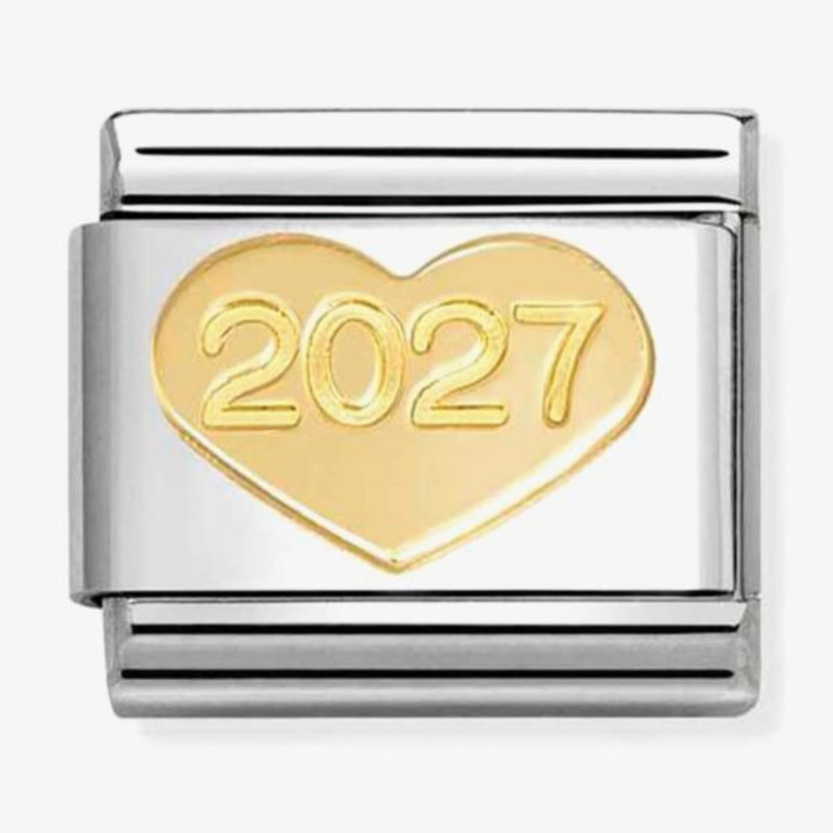A silver-toned Italian charm link featuring a polished 18k gold heart with the year '2027' engraved in gold-tone letters, set against a clean white background.
