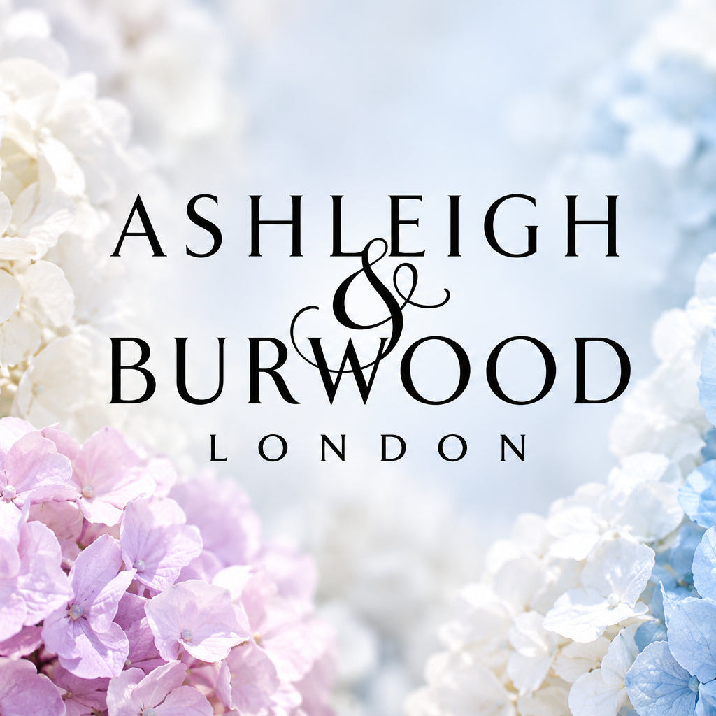 Ashleigh & Burwood London logo with floral elements in the background