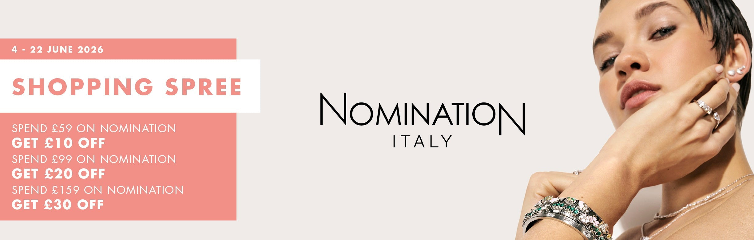 Advertisement for Nomination Italy with a woman wearing jewelry and a shopping spree offer on a white background.
