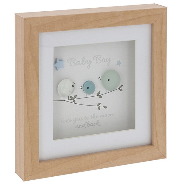 Wooden plaque with pebble  birds and text 'Baby Boy love you to the moon and back