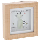 Wooden frame with glass pebble artwork in the shape of a cat with the sentiment a spoilt cat lives here