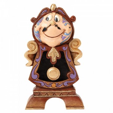 A figurine of Cogsworth, the butler character from Beauty and the Beast, wearing his formal purple and gold attire with a clock on his chest.