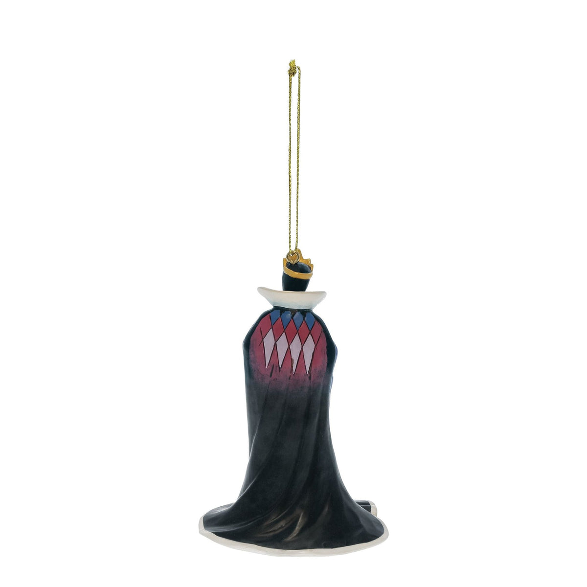 A hanging Christmas ornament shaped like a vampire's back, featuring a black cloak, a white collar, and a pink and blue harlequin pattern on the upper back, suspended by a gold string against a white background.