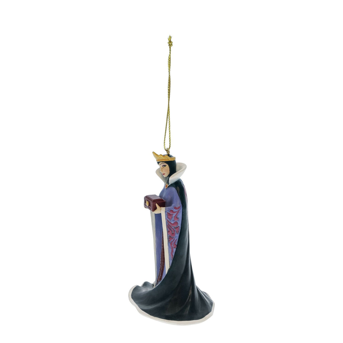 A Disney-themed Christmas ornament depicting Queen Jasmine from Aladdin, wearing her signature purple and blue robe with gold accents, hanging from a gold string on a white background.