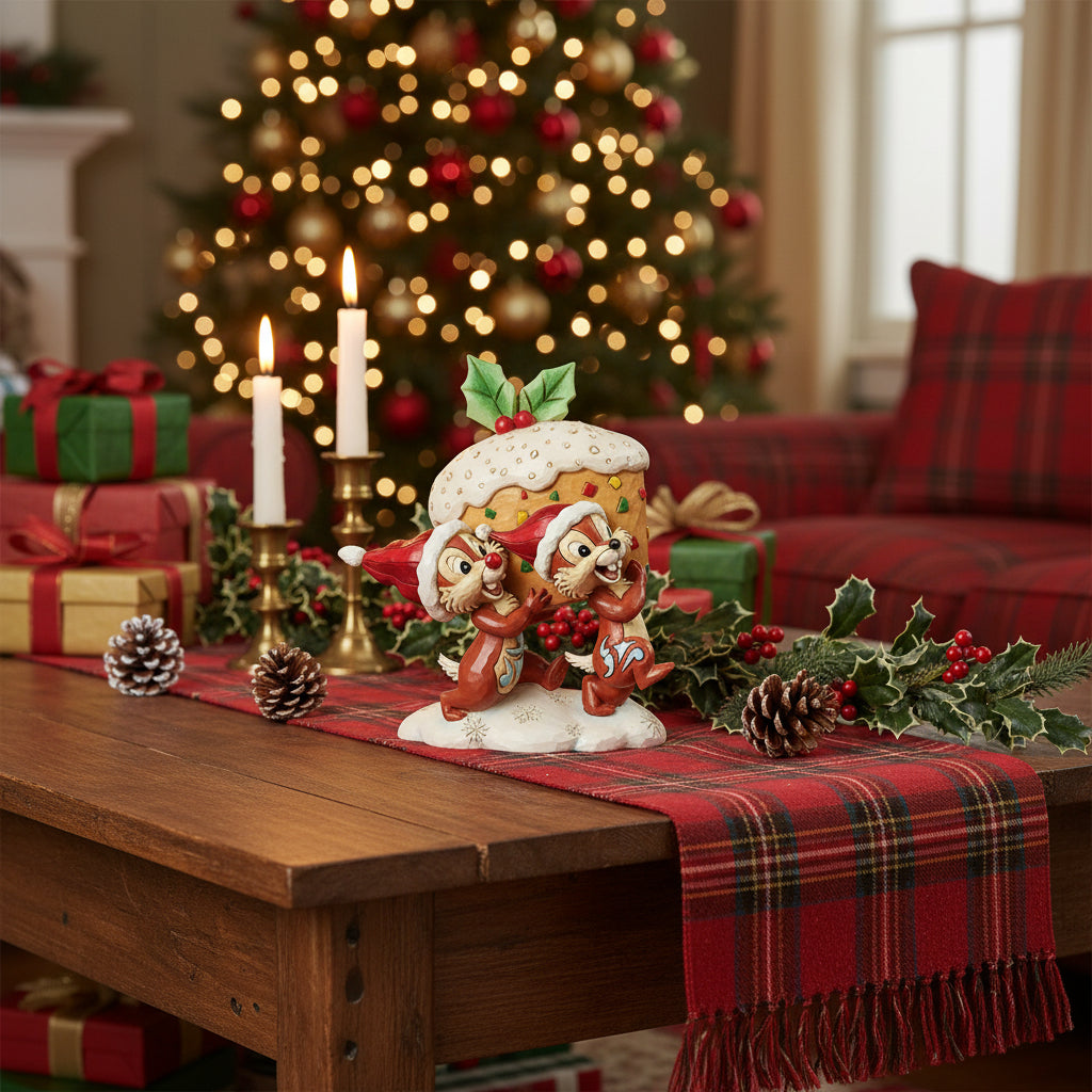 A festive collectible figurine of Chip & Dale chipmunks carrying a large decorated Christmas pudding. The figurine is set against a Christmas background, with the characters holding a pudding & wearing holiday attire including red Santa hats and colorful ornaments.