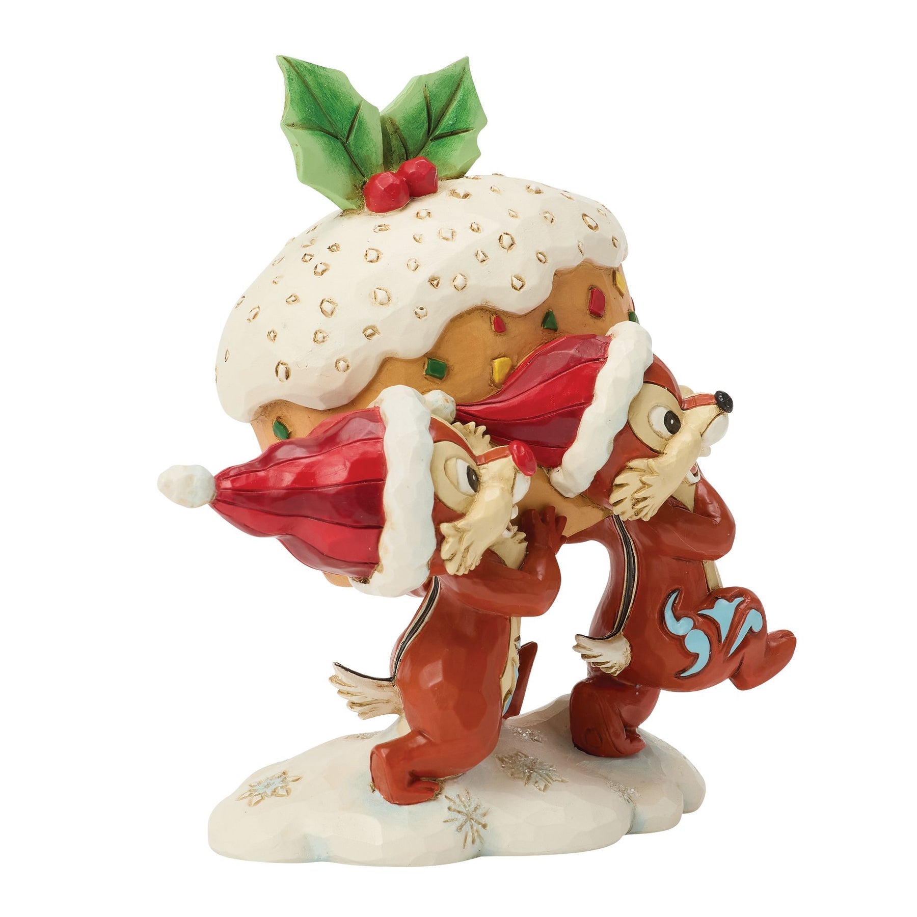 Chip and Dale character figurine with a Christmas pudding on a white background