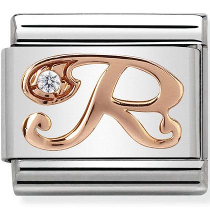 Nomination charm with rose gold letter 'R' and CZ