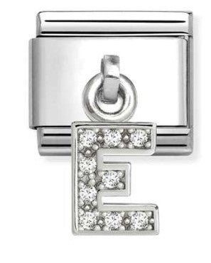 Nomination Italy Sterling Silver charm with letter 'E' and white cubic zirconia gemstones.
