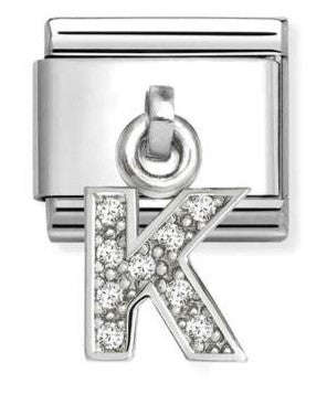 Nomination Italy Sterling Silver charm with letter 'K' and white cubic zirconia gemstones.