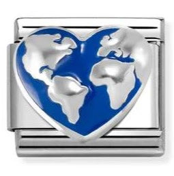 Nomination Italy composable charm, World in Heart charm with Blue Enamel on a Silver  link