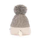 Jellycat amuseables pomilly hat with a gray cable-knit top, a cream ribbed bottom, a gray pom-pom, and small fabric hands and feet, shown on a white background.