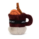 Jellycat amuseables spiced drink with a smiling face, wearing orange goggles and brown boots, on a solid white background.