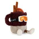Jellycat amuseables spiced drink with a smiling face, wearing orange goggles and brown boots, on a solid white background.
