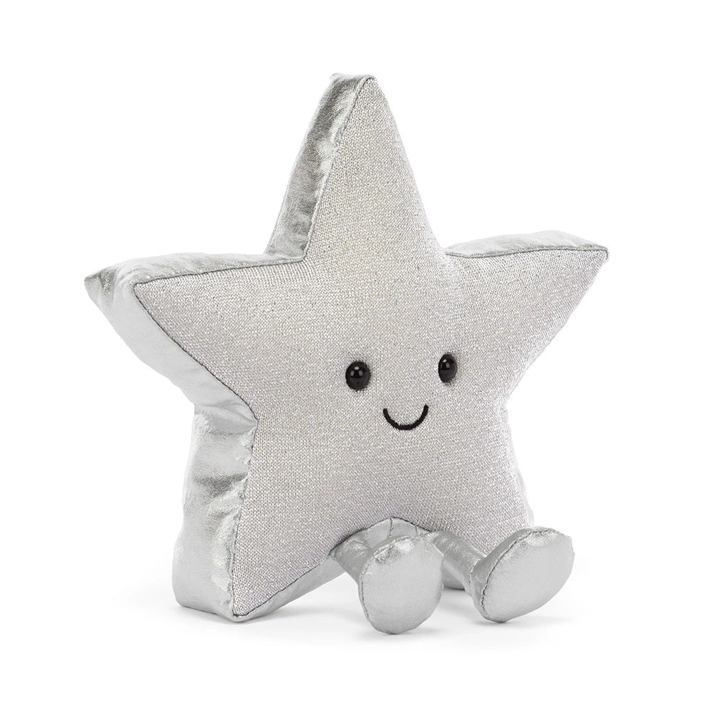 Jellycat amuseable star silver shaped plush toy with a smiling embroidered face and small feet, photographed on a clean white background.