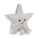 Jellycat amuseable star silver shaped plush toy with a smiling embroidered face and small feet, photographed on a clean white background.