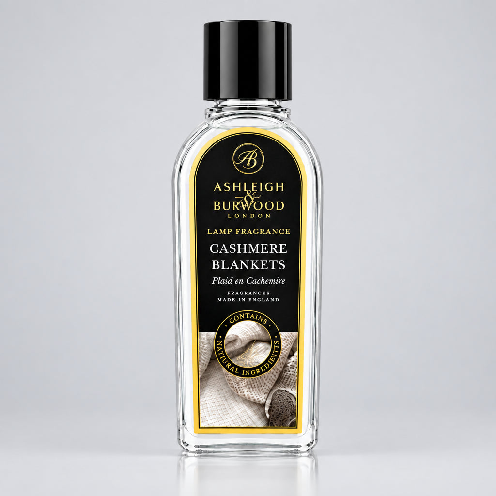 Ashleigh & Burwood lamp fragrance bottle labeled 'Cashmere Blankets' on a white background