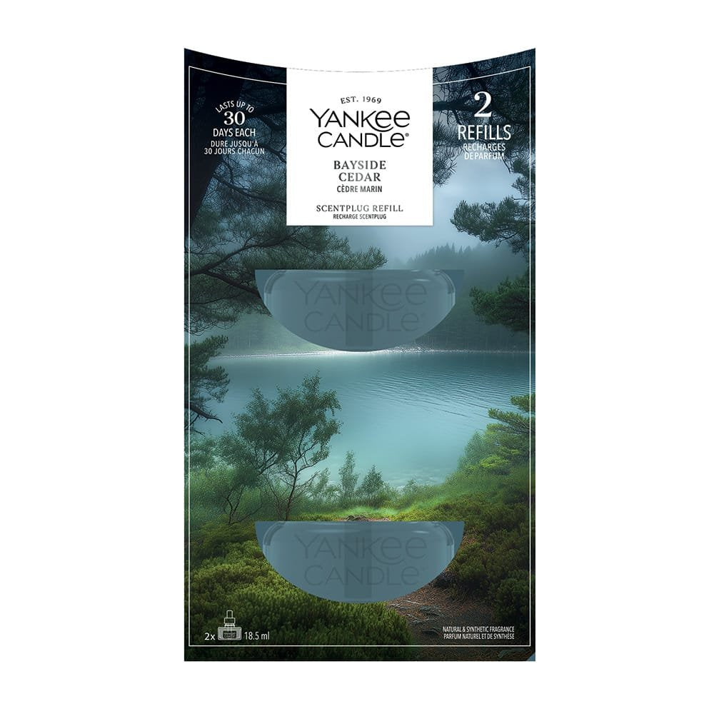 Yankee Candle Bayside Cedar Scent Plug refills packaging with scenic design.